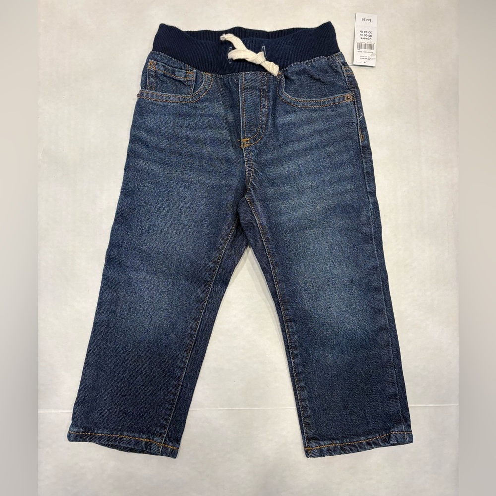 NWT Baby Gap Dark Wash Slim Tie Elastic Waist Denim Jeans Toddler Boy 2T Preppy